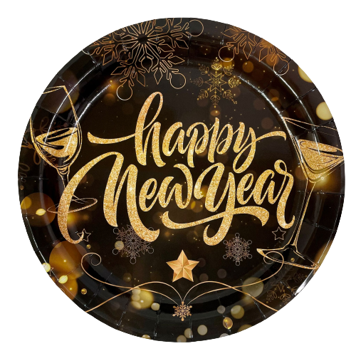 צלחות נייר מתכלה גדולות - Happy New Year