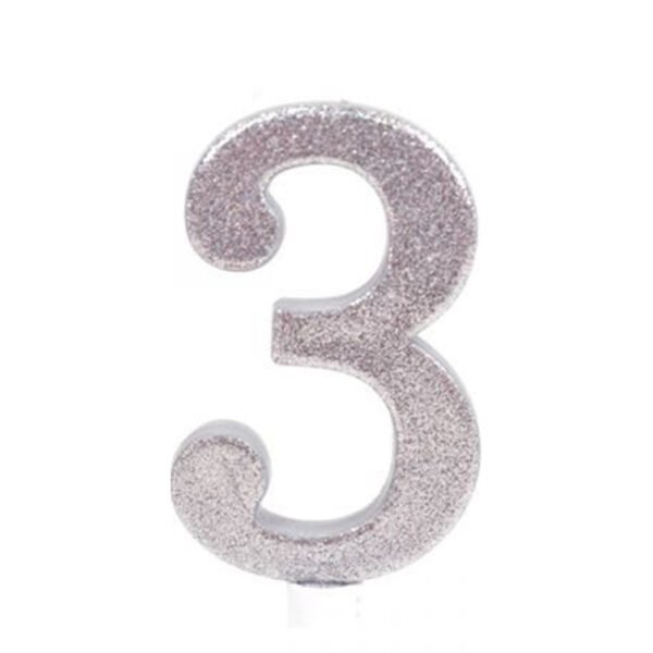 נר יום הולדת ענק מספר 3 - כסף נוצץ