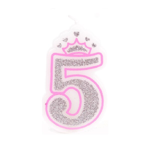 נר יום הולדת עם כתר מספר 5 - ורוד