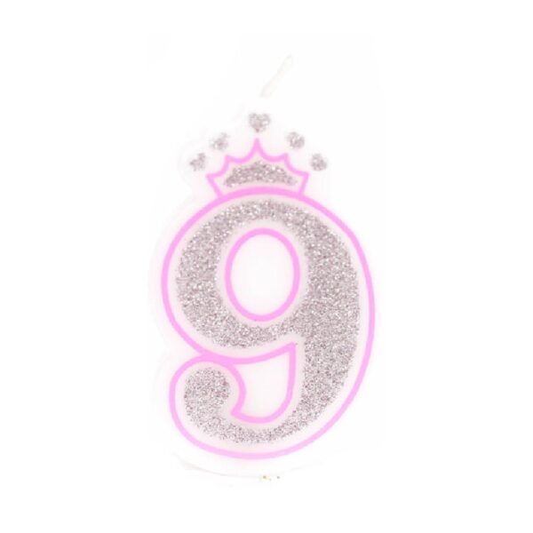 נר יום הולדת עם כתר מספר 9 - ורוד