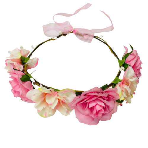 זר פרחים גדול מהודר לראש - ורוד בהיר ולבן