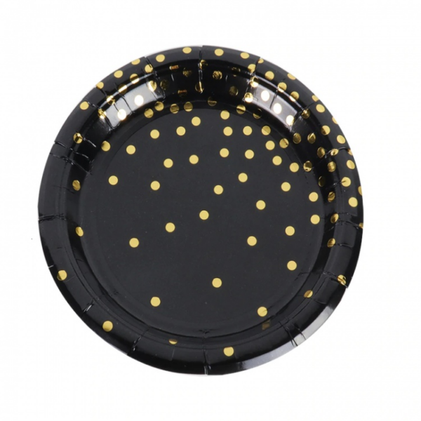 צלחות נייר מתכלה גדולות - שחור נקודות זהב