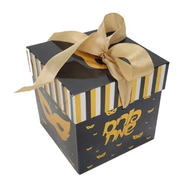 קופסת קרטון 20 ס"מ - פורים שמח שחור זהב